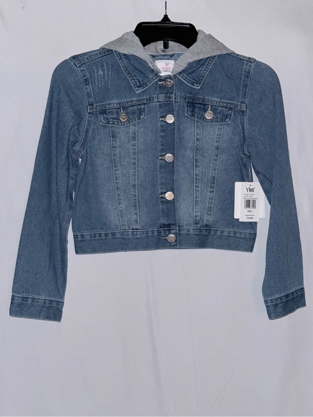 NWT YMI Girls Blue Denim Jacket with Detachable Gray Hood Size Large